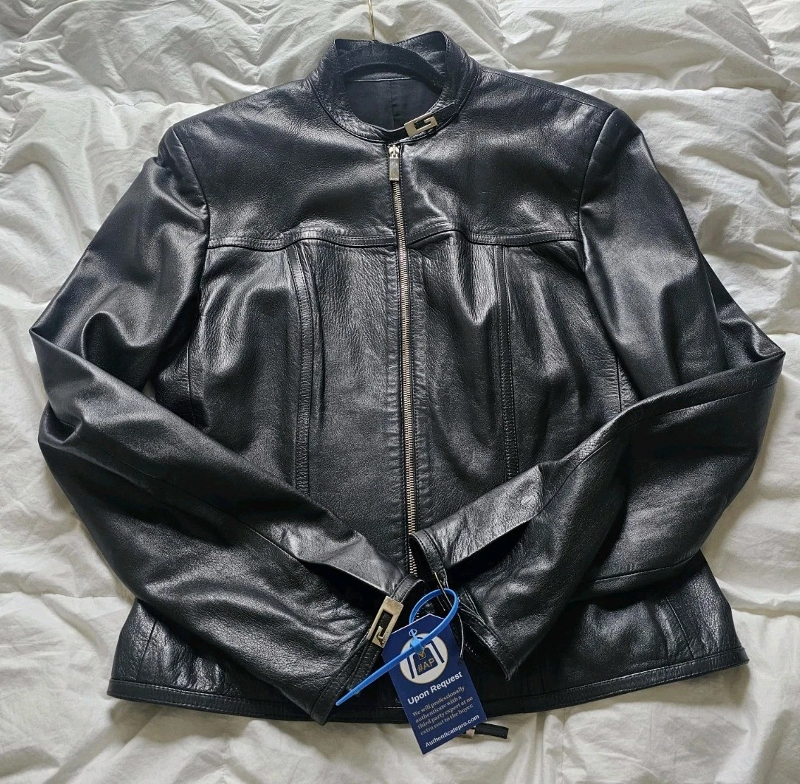 Giacca biker Gucci 1996 vintage Tom Ford donna pelle nera logo G IT46 Lrg