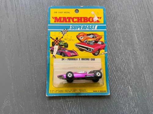 Vintage 1971 MATCHBOX SUPERFAST 34 FORMULA 1 RACING CAR HOT PIMK MINT BLISTER