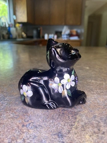 Fenton Black Glass Cat Figurine D.Robinson Signed Floral Hand Painted USA