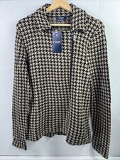 NWT - Chaps Ralph Lauren Jacket Beige Black Houndstooth Full Zip Knit Sweater XL
