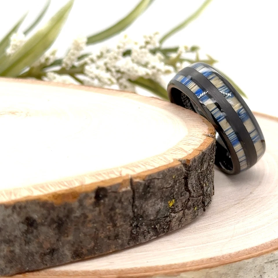 Кольцо из черного вольфрама 8 мм с синей и белой инкрустацией унисекс для рождественских подарков - Изображение 4 из 4