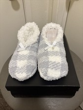 Gray White Knit Slip-On Bow Faux Fur Lined Comfort Women's Slippers Cozy