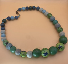 Blue  Green Round Glass Beaded Necklace Bead Chain with Round Pendant