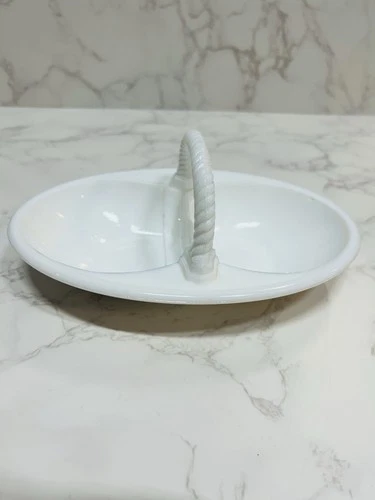 Vintage Milk Glass Divided Serving Dish Twisted Rope Design Handle