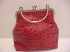 Patricia Nash Novella Frame Purse Bag Red Pink Alligator Print Leather Kiss Lock