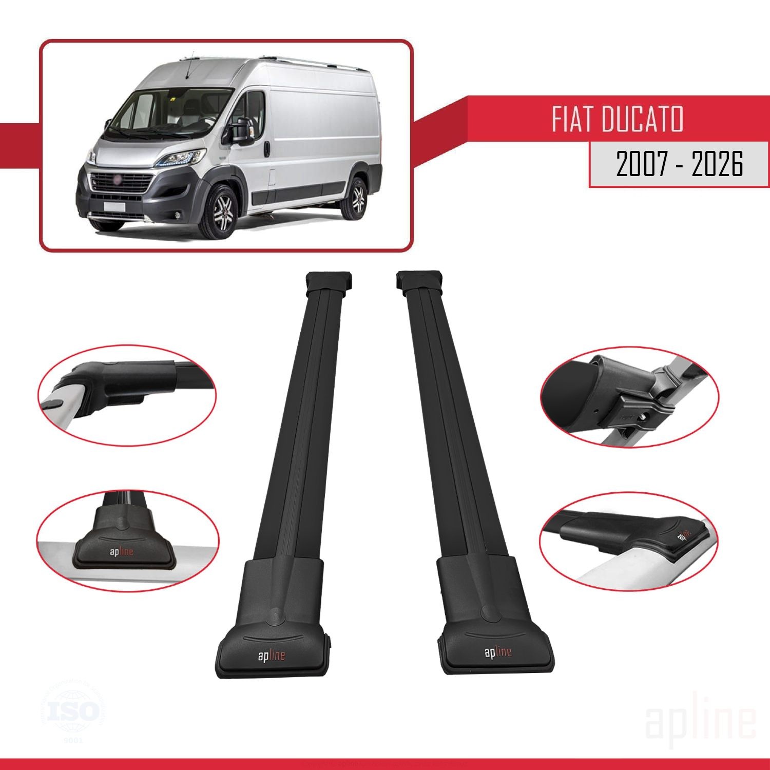 Barres de toit Fiat Ducato 3 FLY Model en alu noir aérodynamique anti-bruit