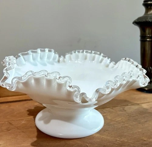 Fenton Milk Glass Bowl Silver Crest Ruffled Edge Pedestal Compote Candy Dish VTG