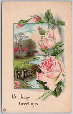 1922 Birthday Greetings Postcard Cottage Stream Roses Walworth WI Posted