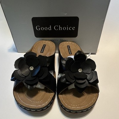 Good Choice Black Rhinestone Flower Wedge Slide Slip-On Sandals Women s 6.5