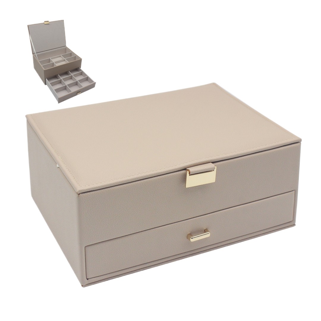Beige Jewellery Box with Drawer Ring Necklace Storage Organiser Trinket Case