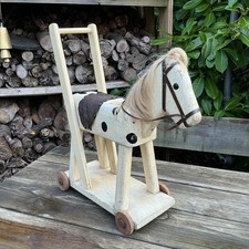 Vintage Naive Scratch Built Handmade Wooden Push Along Toy Horse Teddy Bear Prop
