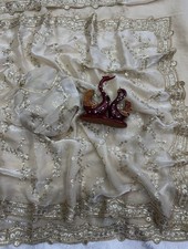 Women White Fandy Silk Saree with Sequins Embroidery Work  Unstitched Blouse