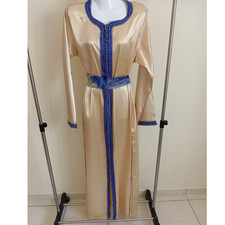 Elegant Vintage Moroccan Kaftan Gold Satin Blue Embellished Maxi Dress
