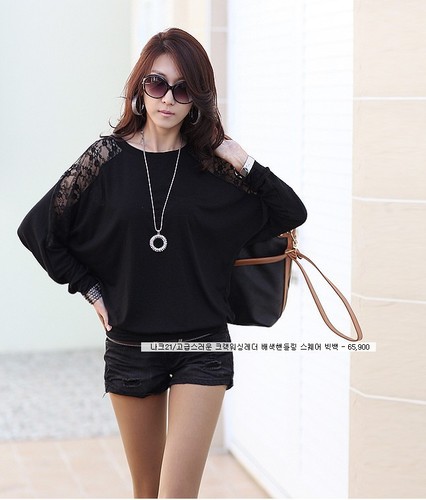 UK Shop Womens Stylish Loose Baggy Batwing Lace Long Sleeved Top / T-Shirt - Picture 5 of 24