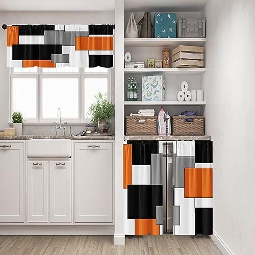 Orange Kitchen Curtains Black Grey 52"W x 36"L (Pack of 3) Abstract Geometric 1 - Picture 3 of 7