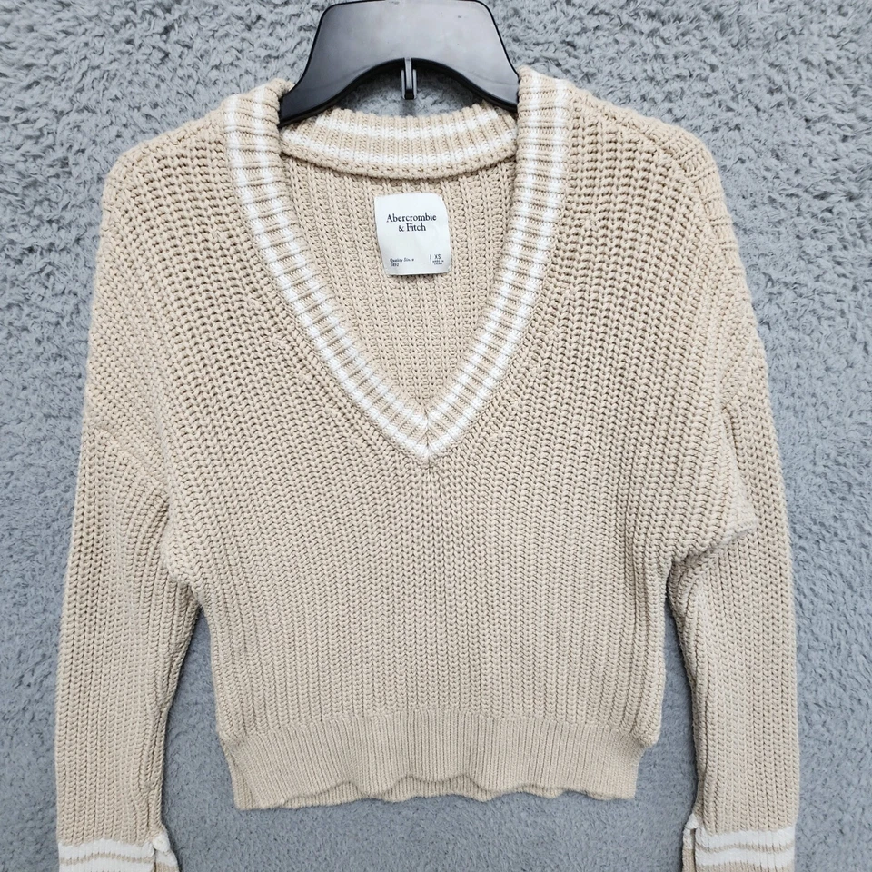 Abercrombie Fitch свитер женщин XS бежевый кабель трикотажа V шеи Y2K логотип пуловер - Изображение 3 из 4