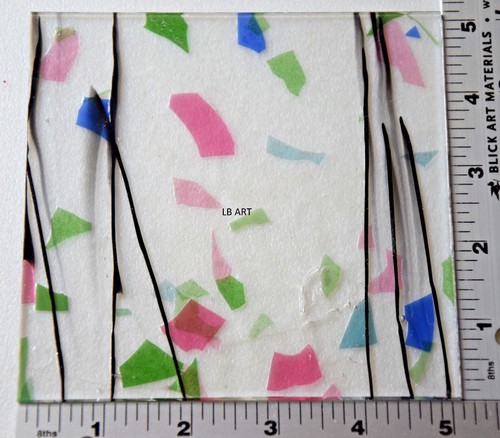 5" x 5" SPRING FRACTURES WITH BLACK STREAMERS ON CLEAR 3mm BULLSEYE GLASS 90 COE - Picture 2 of 3