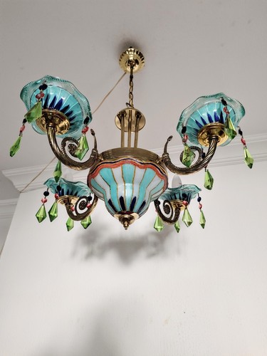 Vintage Retro Glass Green Blue Hand Painted Dining room Chandelier Light Ceiling - Picture 8 of 9