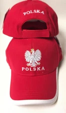 POLSKA POLAND EAGLE RED CAP (WHITE TRIM) HAT EMBROIDERED HOOK AND LOOP