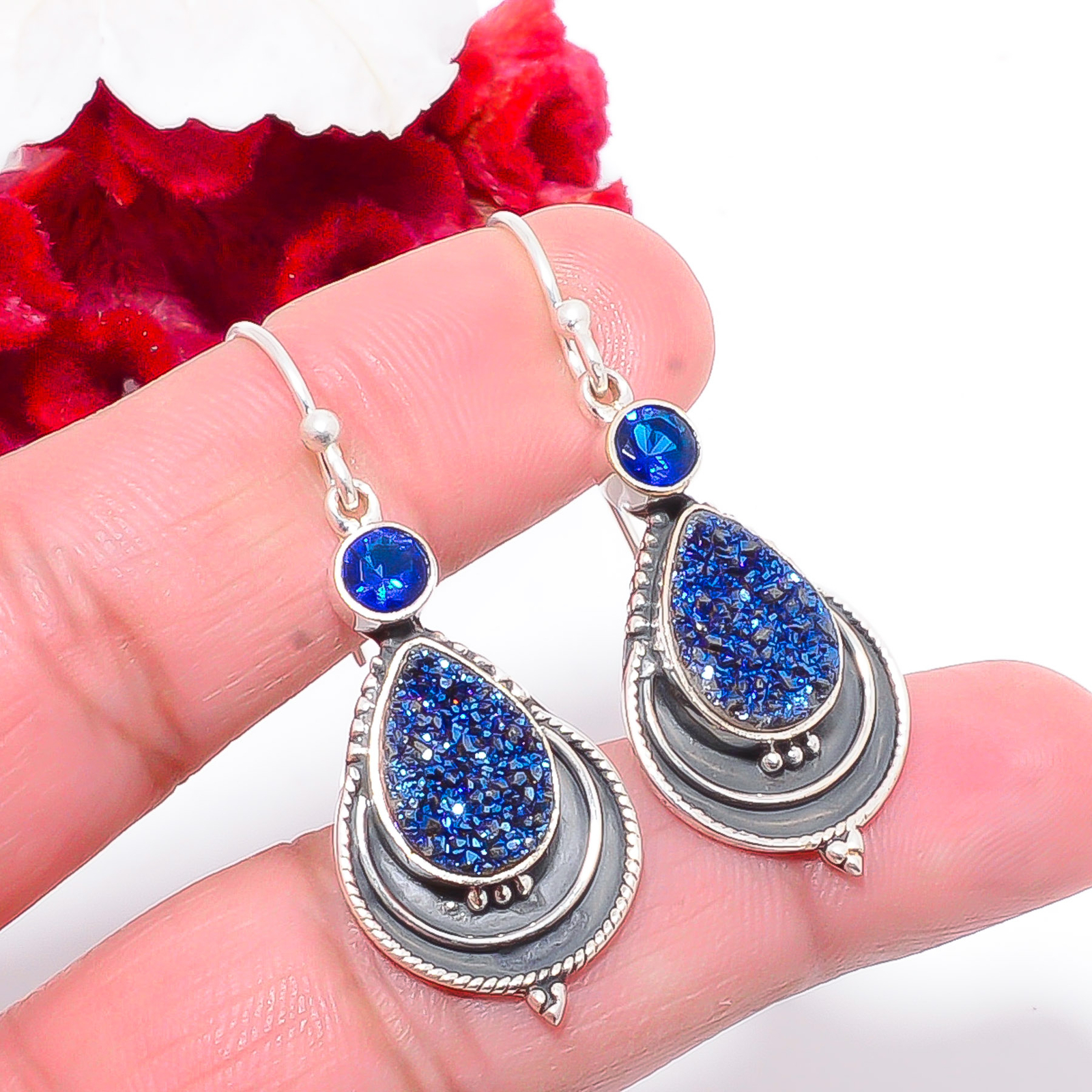 Electric Blue Titanium Agate Drusy Earrings with Sapphire in 925 Silver 1.76ct Sku54