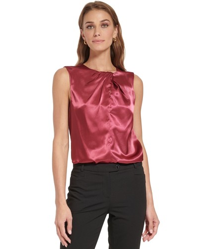 Calvin Klein Women's Sleeveless Pleat Neck Top - Cranberry Size M - Picture 2 of 4
