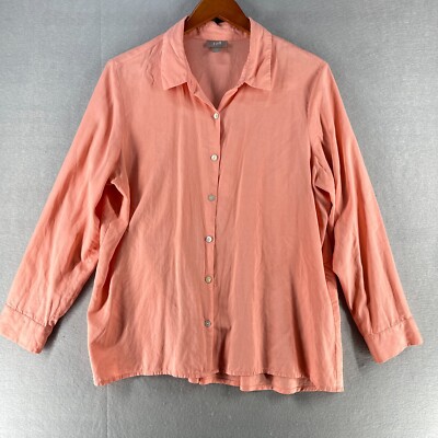 J Jill Womens Silk Blouse Large Orange Petite Professional Pleated Long Sleeve