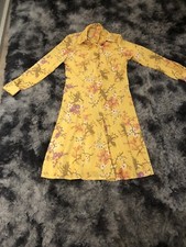 VTG 70 s Pale Yellow Multicolored Floral Polyester Long Sleeve Mod Mini Dress LG