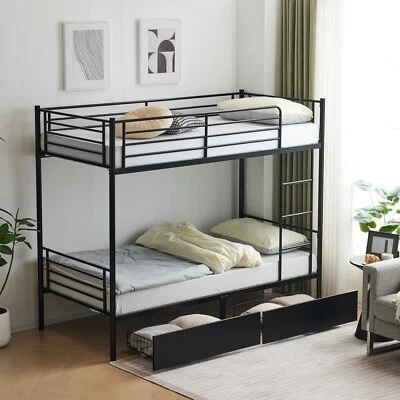 Heavy Duty Metal Bunk Bed w/ 2 Storage Drawers & Full-Length Guard Rail & Ladder