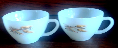 2 Tea Cups Teacups Milk Glass VTG Fire King Wheat Anchor Hocking