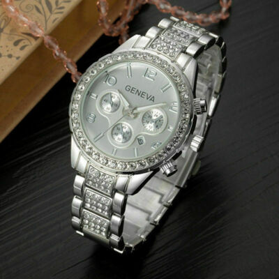 GENF PLATIN KRISTALL DAMEN FRAUEN MÄDCHEN EDELSTAHL QUARZ ARMBANDUHR UK