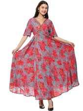 Floral Print Indian Vintage Cultural Fusion Silk Maxi Beach Sundress Gypsy Dress