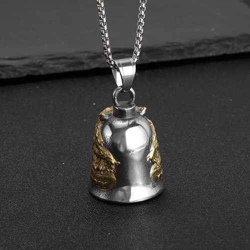 Wolf Head Skull Bell Pendant Necklace Stainless Steel Plated Gold Men Biker - Picture 5 of 8