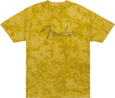 Genuine Fender Spaghetti Logo Tie-Dye Mustard T-Shirt 100% Cotton, Large
