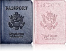 Eoehro 2Pack Passport Holder Wallet Cover Case, Travel CA-Dark blue+Rose gold 