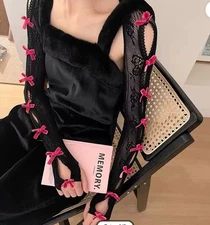 Hot Pink Corset Arm Warmers Black Lace Up Gloves Long Cosplay Wedding Sleeves