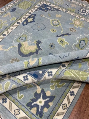 Tapis Oushak bleu noué à la main tapis en laine turque pour salon 9 x 12 - Photo 1/4