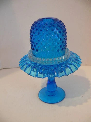 Vintage Fenton Fairy Lamp Colonial Blue Hobnail 3pc Fairylamp
