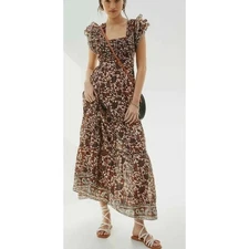 Love The Label Mirabelle Ruffle Maxi Dress Women's XS Brown Gauzey Anthropologie