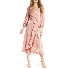 Gal Meets Glam Midi Wrap Dress Ruffle Shimmer Satin Flirty Coquette Tea Size 4