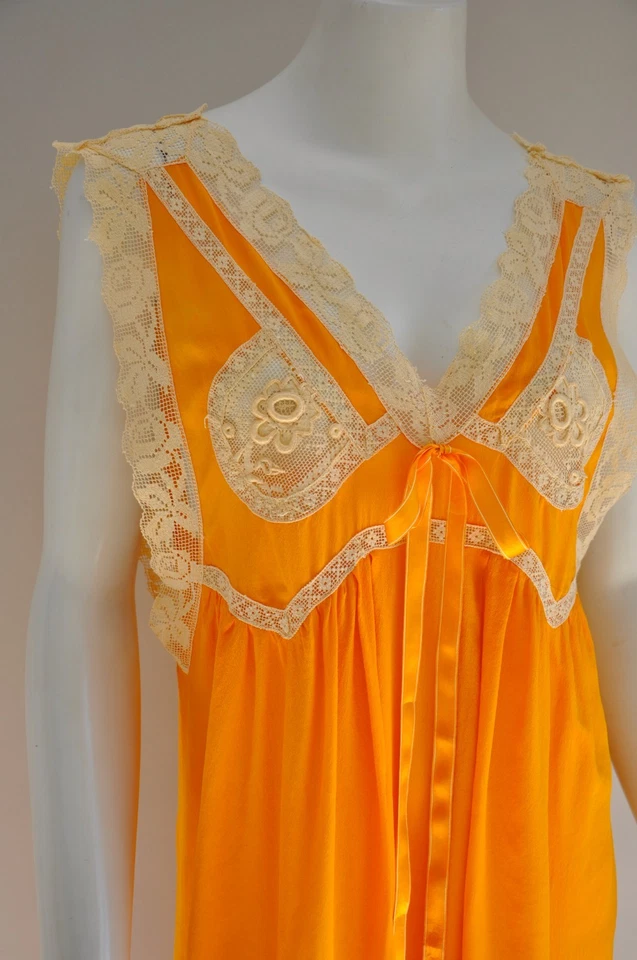 Antique VTG Edwardian Orange Silk Nightgown Dress w/ Lace Embroidery Gift S-L - Image 4 of 4