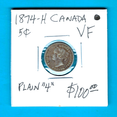 CANADA - BEAUTIFUL HISTORICAL QV SILVER 5 CENTS, 1874 H, PLAIN  4, KM# 2