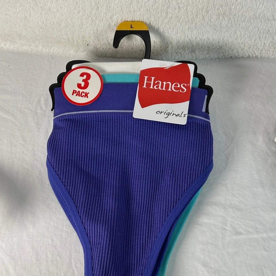 9 Pairs Hanes Originals Womens Cotton Thong Underwear L Purple White Teal Ribbed - Image 2 of 4
