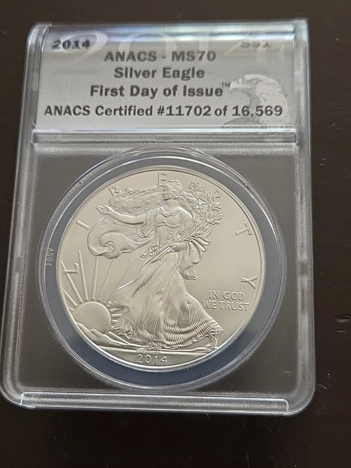 2014 SILVER EAGLE $1, FIRST DAY OF ISSUE ANACS MS70 CERT. #11702 OF 16569 - Image 2 of 4