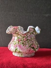 Fenton Style Vasa Murrhina Rose & Green Spatter Glass Ruffled Bowl  Aventurine