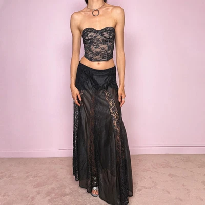 Vintage Schwarz Maxi Rock Transparent Spitze Goth Party Dessous 90er Y2K Gr. M - Bild 1 von 4