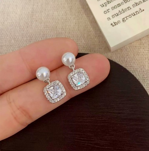 Crystal Square Pearl Stud Earrings 925 Sterling Silver Womens Jewellery Gift