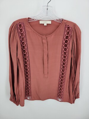 Ann Taylor Loft Top Womens XS Dusty Pink Cutout Long Balloon Sleeve Popover Boho