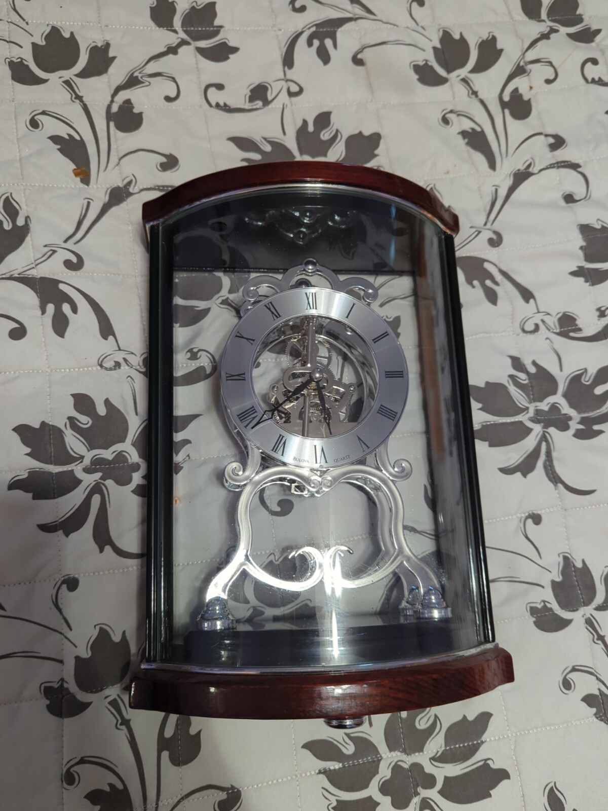 BULOVA Skeleton Wentworth Mantel Clock Quartz Solid Wood Silver Finish
