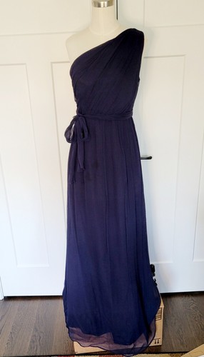 Amsale Dress Navy Blue 100% Silk One Shoulder Rouched Gown Belt Side Zip Size 6 - Picture 2 of 12