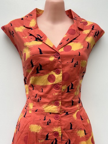 EMILY & FIN 100% Cotton Pleated Button Shirt Dress Crane & Sunset Print sz L/14 - Picture 2 of 8